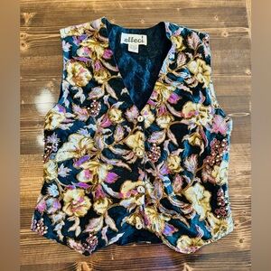 Vintage 90’s Effeci Women's Floral Beaded Vest - Black, Purple &‎ Gold